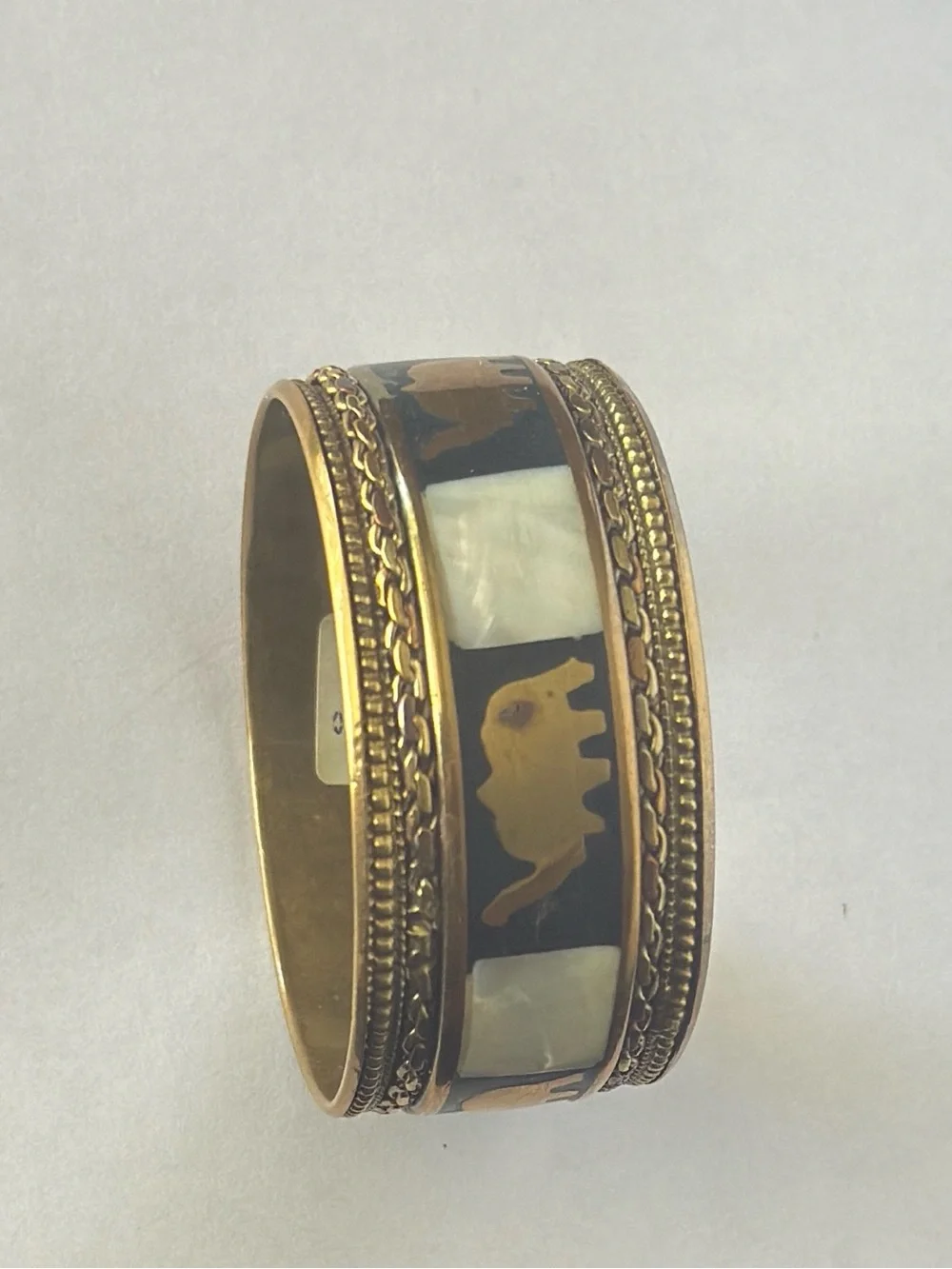 Vintage Brass Elephant & Mother of Pearl Inlay Bangle Bracelet
